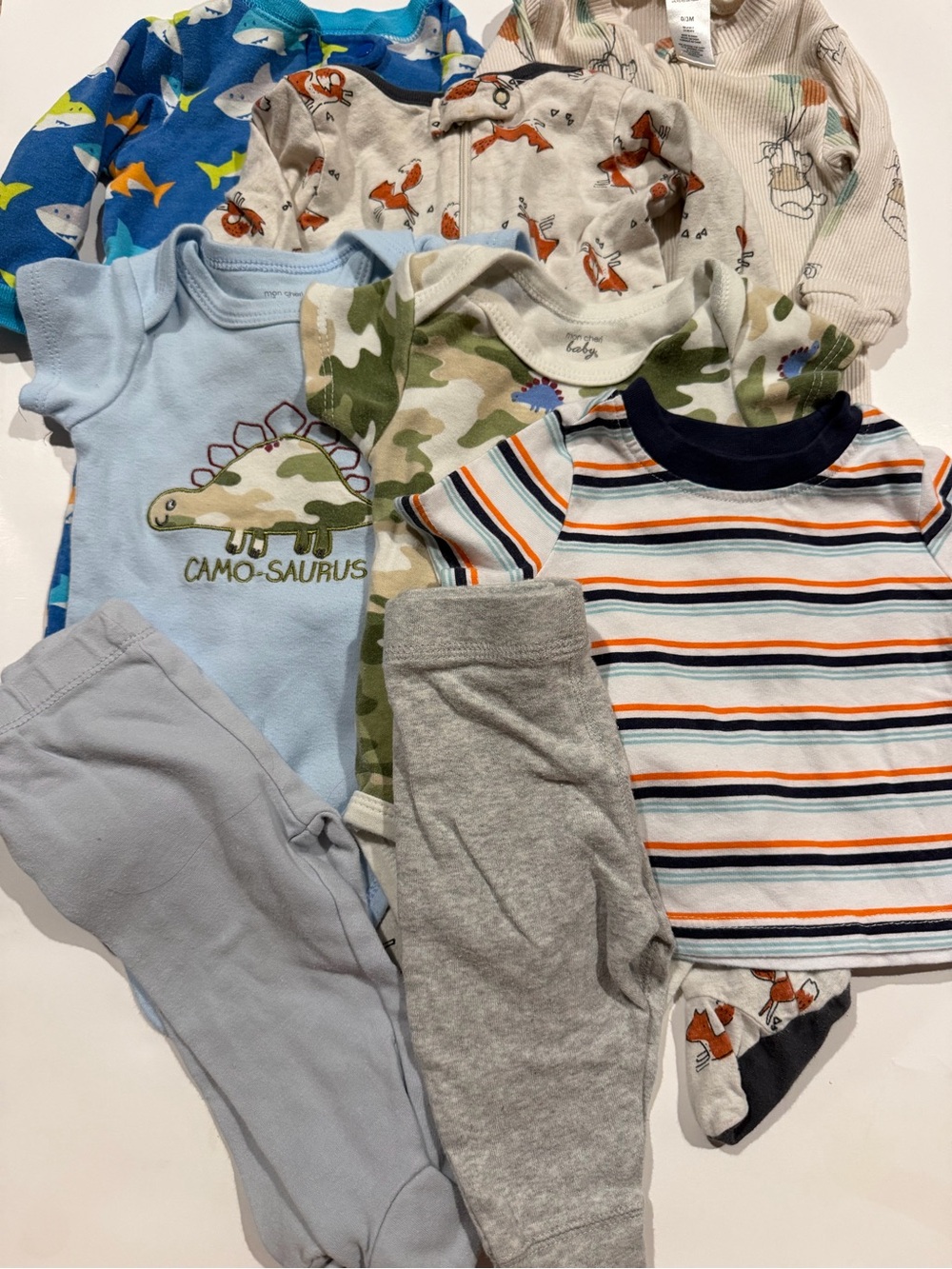 Baby Boy 0-3M Bundle 8 Pcs - Shark Fox Bunny Footies Camo Dinosaur Lee Stripe